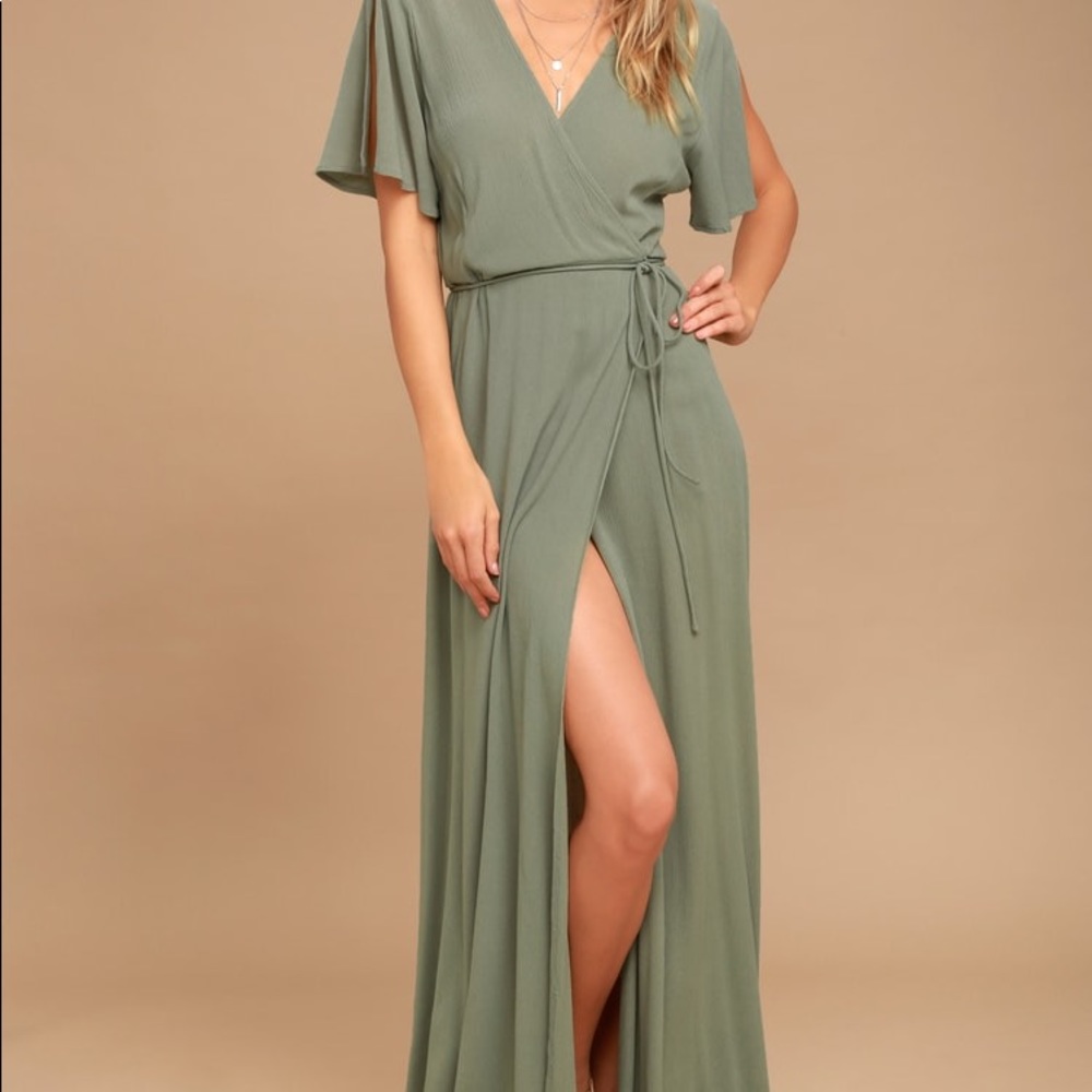 Lulus much obliged washed olive green wrap maxi